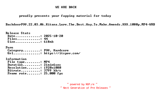 NFO for the release BackdoorPOV.22.03.06.Kitana.Lure.The.Best.Way.To.Make.Amends.XXX.1080p.MP4-WRB by WRB