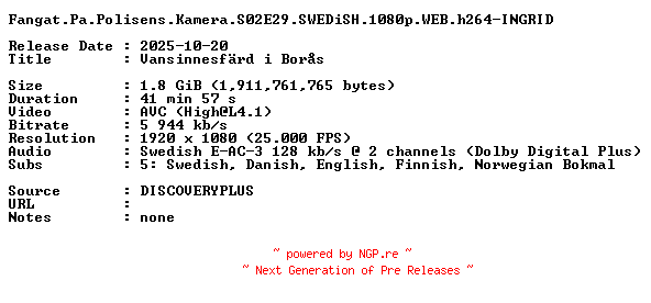 NFO for the release Fangat.Pa.Polisens.Kamera.S02E29.SWEDiSH.1080p.WEB.h264-INGRID by INGRID