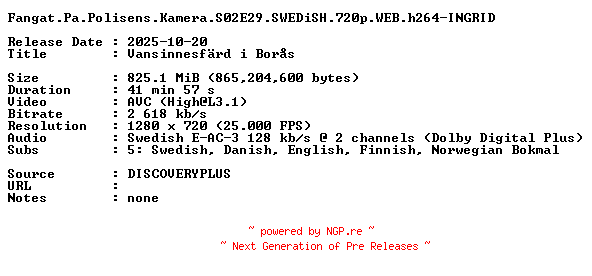 NFO for the release Fangat.Pa.Polisens.Kamera.S02E29.SWEDiSH.720p.WEB.h264-INGRID by INGRID