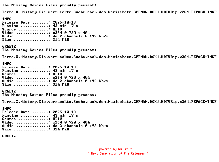 NFO for the release Terra.X.History.Die.verrueckte.Suche.nach.dem.Nazischatz.GERMAN.DOKU.HDTVRip.x264.REPACK-TMSF by TMSF