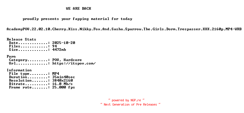 NFO for the release AcademyPOV.22.02.10.Cherry.Kiss.Nikky.Fox.And.Sasha.Sparrow.The.Girls.Dorm.Trespasser.XXX.2160p.MP4-WRB by WRB