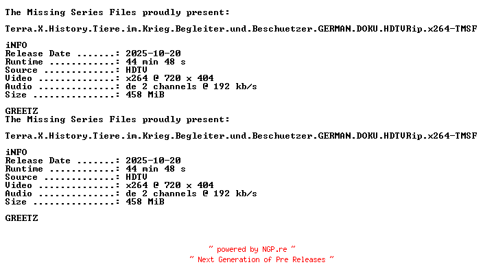 NFO for the release Terra.X.History.Tiere.im.Krieg.Begleiter.und.Beschuetzer.GERMAN.DOKU.HDTVRip.x264-TMSF by TMSF