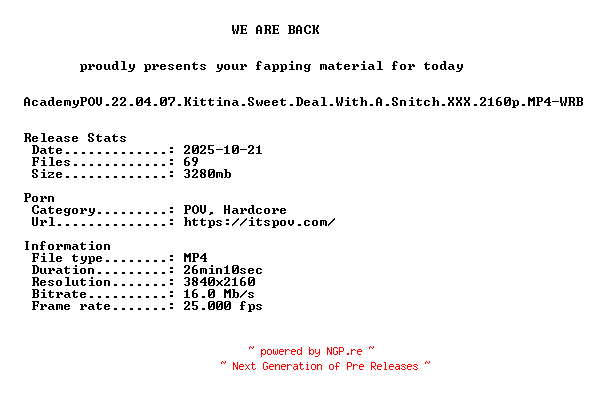 NFO for the release AcademyPOV.22.04.07.Kittina.Sweet.Deal.With.A.Snitch.XXX.2160p.MP4-WRB by WRB