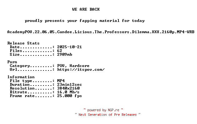 NFO for the release AcademyPOV.22.06.05.Candee.Licious.The.Professors.Dilemma.XXX.2160p.MP4-WRB by WRB