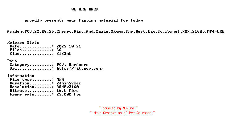 NFO for the release AcademyPOV.22.08.25.Cherry.Kiss.And.Zazie.Skymm.The.Best.Way.To.Forget.XXX.2160p.MP4-WRB by WRB