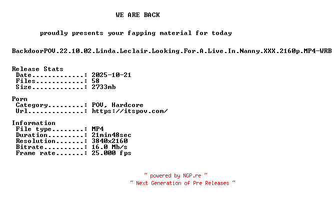 NFO for the release BackdoorPOV.22.10.02.Linda.Leclair.Looking.For.A.Live.In.Nanny.XXX.2160p.MP4-WRB by WRB