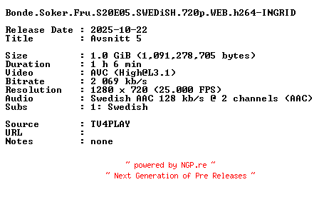 NFO for the release Bonde.Soker.Fru.S20E05.SWEDiSH.720p.WEB.h264-INGRID by INGRID