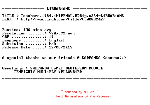 NFO for the release Teachers.1984.iNTERNAL.BDRip.x264-LiBRARiANS by LiBRARiANS