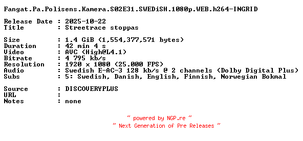 NFO for the release Fangat.Pa.Polisens.Kamera.S02E31.SWEDiSH.1080p.WEB.h264-INGRID by INGRID