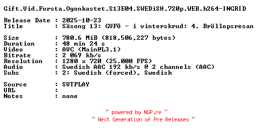 NFO for the release Gift.Vid.Forsta.Ogonkastet.S13E04.SWEDiSH.720p.WEB.h264-INGRID by INGRID