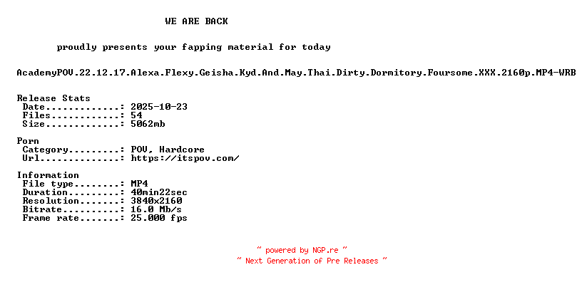 NFO for the release AcademyPOV.22.12.17.Alexa.Flexy.Geisha.Kyd.And.May.Thai.Dirty.Dormitory.Foursome.XXX.2160p.MP4-WRB by WRB