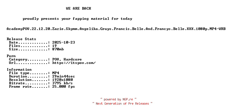NFO for the release AcademyPOV.22.12.20.Zazie.Skymm.Angelika.Grays.Francis.Belle.And.Francys.Belle.XXX.1080p.MP4-WRB by WRB