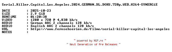 NFO for the release Serial.Killer.Capital.Los.Angeles.2024.GERMAN.DL.DOKU.720p.WEB.H264-SYNERGiE by SYNERGiE