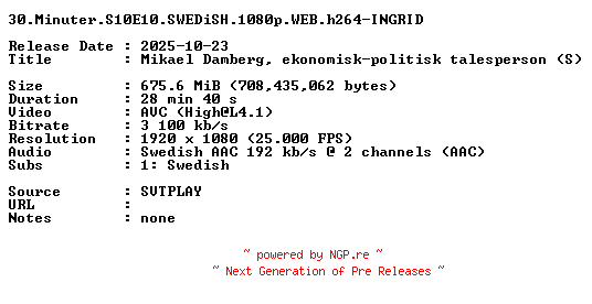 NFO for the release 30.Minuter.S10E10.SWEDiSH.1080p.WEB.h264-INGRID by INGRID