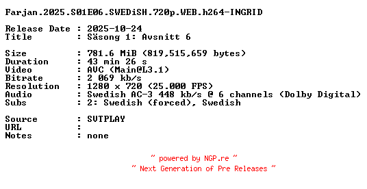 NFO for the release Farjan.2025.S01E06.SWEDiSH.720p.WEB.h264-INGRID by INGRID