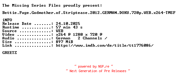 NFO for the release Bettie.Page.Godmother.of.Striptease.2012.GERMAN.DOKU.720p.WEB.x264-TMSF by TMSF