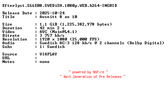 NFO for the release Efterlyst.S66E08.SWEDiSH.1080p.WEB.h264-INGRID by INGRID