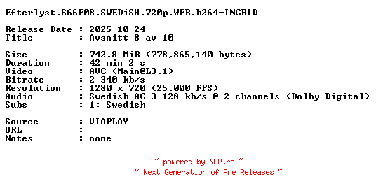 NFO for the release Efterlyst.S66E08.SWEDiSH.720p.WEB.h264-INGRID by INGRID