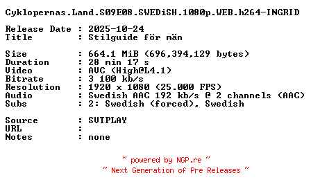 NFO for the release Cyklopernas.Land.S09E08.SWEDiSH.1080p.WEB.h264-INGRID by INGRID