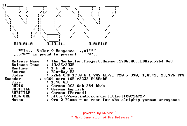 NFO for the release The.Manhattan.Project.German.1986.AC3.BDRip.x264-VoV by VoV