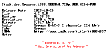 NFO for the release Stadt.des.Grauens.1988.GERMAN.720p.WEB.H264-FWB by FWB