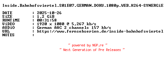 NFO for the release Inside.Bahnhofsviertel.S01E07.GERMAN.DOKU.1080p.WEB.H264-SYNERGiE by SYNERGiE