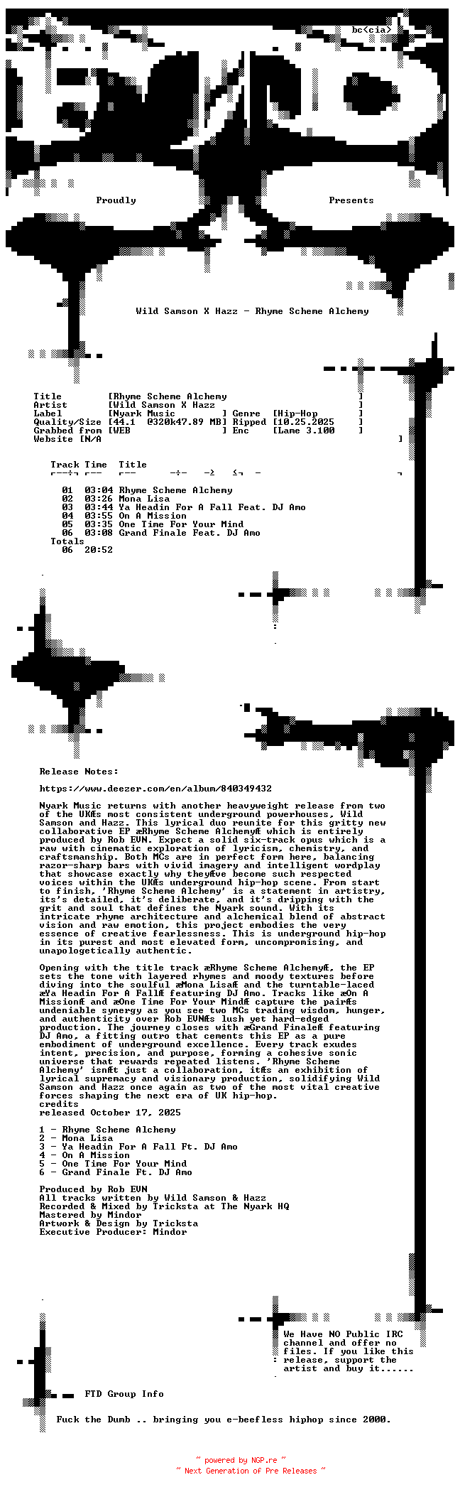 NFO for the release Wild_Samson_x_Hazz-Rhyme_Scheme_Alchemy-WEB-2025-FTD by FTD
