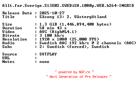 NFO for the release Allt.for.Sverige.S13E02.SWEDiSH.1080p.WEB.h264-INGRID by INGRID