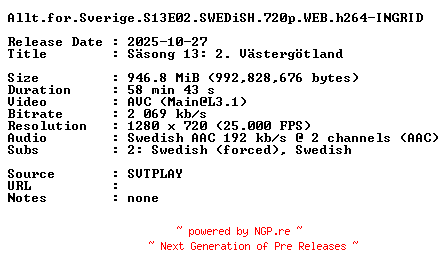 NFO for the release Allt.for.Sverige.S13E02.SWEDiSH.720p.WEB.h264-INGRID by INGRID