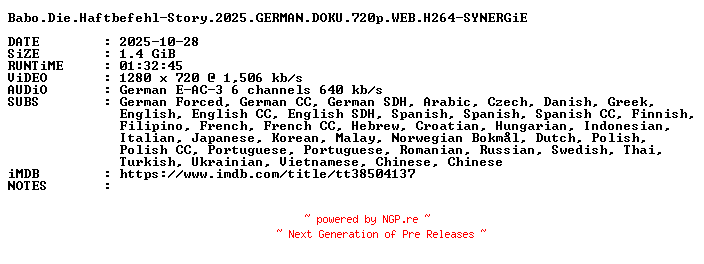 NFO for the release Babo.Die.Haftbefehl-Story.2025.GERMAN.DOKU.720p.WEB.H264-SYNERGiE by SYNERGiE