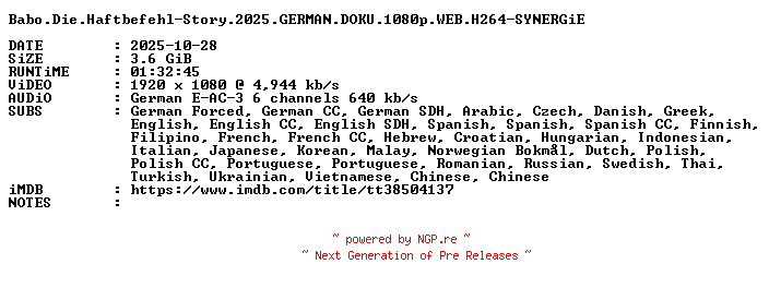 NFO for the release Babo.Die.Haftbefehl-Story.2025.GERMAN.DOKU.1080p.WEB.H264-SYNERGiE by SYNERGiE