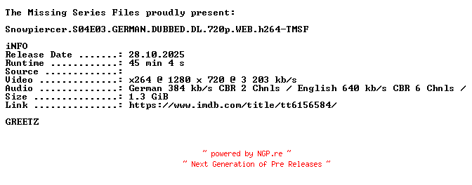 NFO for the release Snowpiercer.S04E03.GERMAN.DUBBED.DL.720p.WEB.h264-TMSF by TMSF