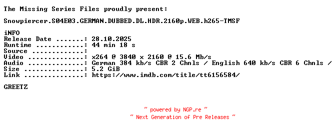 NFO for the release Snowpiercer.S04E03.GERMAN.DUBBED.DL.HDR.2160p.WEB.h265-TMSF by TMSF