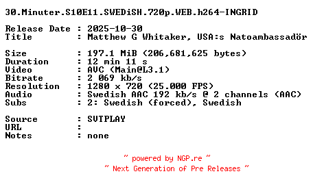 NFO for the release 30.Minuter.S10E11.SWEDiSH.720p.WEB.h264-INGRID by INGRID