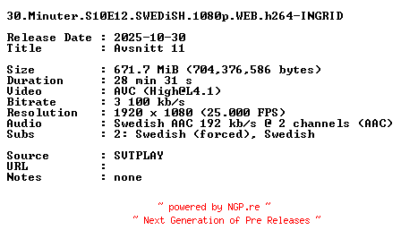 NFO for the release 30.Minuter.S10E12.SWEDiSH.1080p.WEB.h264-INGRID by INGRID