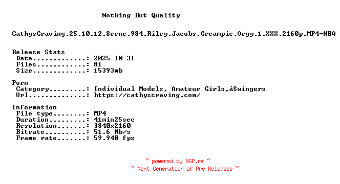 NFO for the release CathysCraving.25.10.12.Scene.984.Riley.Jacobs.Creampie.Orgy.1.XXX.2160p.MP4-NBQ by NBQ