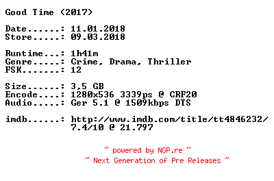 NFO for the release Good.Time.2017.German.720p.BluRay.x264-CiNEViSiON by CiNEViSiON