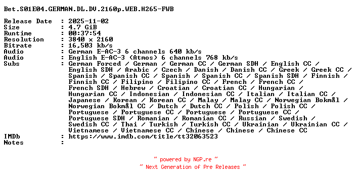 NFO for the release Bet.S01E04.GERMAN.DL.DV.2160p.WEB.H265-FWB by FWB
