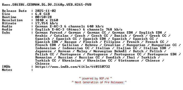 NFO for the release Kaos.S01E01.GERMAN.DL.DV.2160p.WEB.H265-FWB by FWB