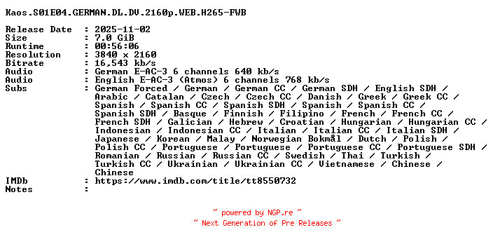 NFO for the release Kaos.S01E04.GERMAN.DL.DV.2160p.WEB.H265-FWB by FWB