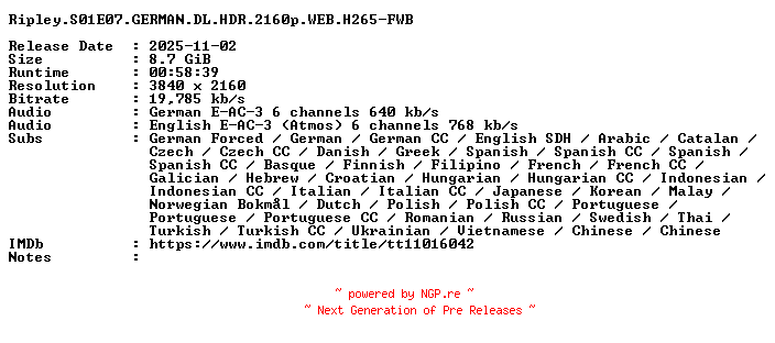 NFO for the release Ripley.S01E07.GERMAN.DL.HDR.2160p.WEB.H265-FWB by FWB