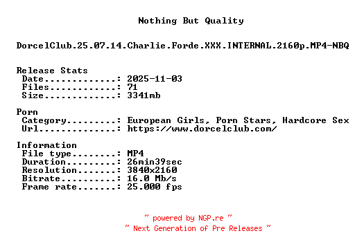NFO for the release DorcelClub.25.07.14.Charlie.Forde.XXX.INTERNAL.2160p.MP4-NBQ by NBQ