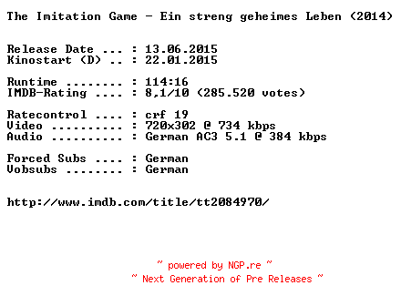 NFO for the release The.Imitation.Game.Ein.streng.geheimes.Leben.German.2014.AC3.BDRiP.x264-EXQUiSiTE by EXQUiSiTE