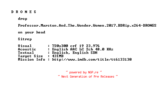 NFO for the release Professor.Marston.And.The.Wonder.Women.2017.BDRip.x264-DRONES by DRONES