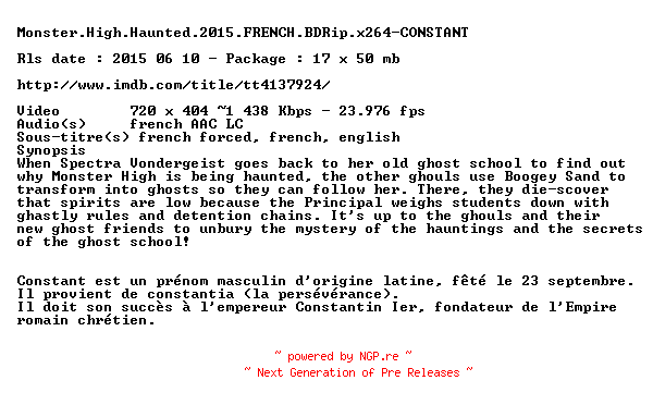 NFO for the release Monster.High.Haunted.2015.FRENCH.BDRip.x264-CONSTANT by CONSTANT
