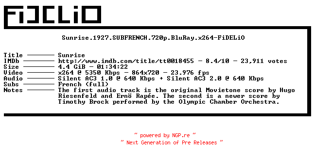 NFO for the release Sunrise.1927.SUBFRENCH.720p.BluRay.x264-FiDELiO by FiDELiO