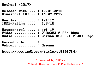NFO for the release Mother.German.2017.AC3.BDRip.x264-COiNCiDENCE by COiNCiDENCE