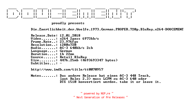 NFO for the release Die.Zaertlichkeit.der.Woelfe.1973.German.PROPER.720p.BluRay.x264-DOUCEMENT by DOUCEMENT