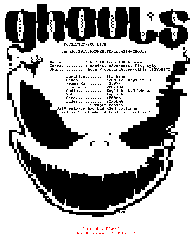 NFO for the release Jungle.2017.PROPER.BDRip.x264-GHOULS by GHOULS