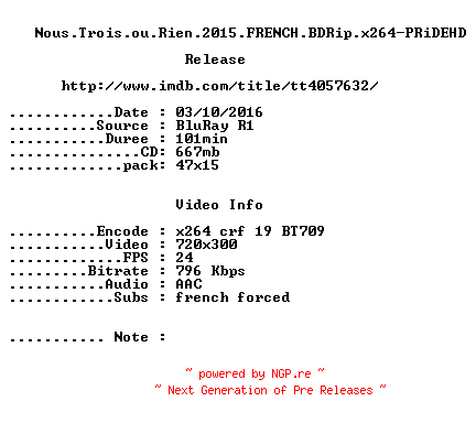 NFO for the release Nous.Trois.ou.Rien.2015.FRENCH.BDRip.x264-PRiDEHD by PRiDEHD